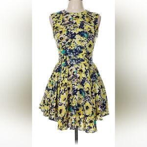 H&M Yellow Floral Skater Asymmetrical Peplum Dress Zip Back Mini